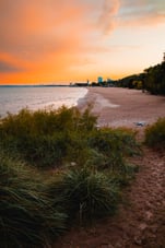  Scenic beach view at sunset with grass and shoreline.