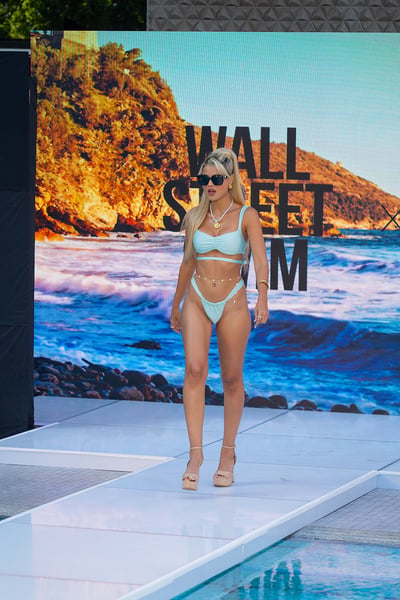 Wall Street Swim Metallic Pink Two-Piece Poses