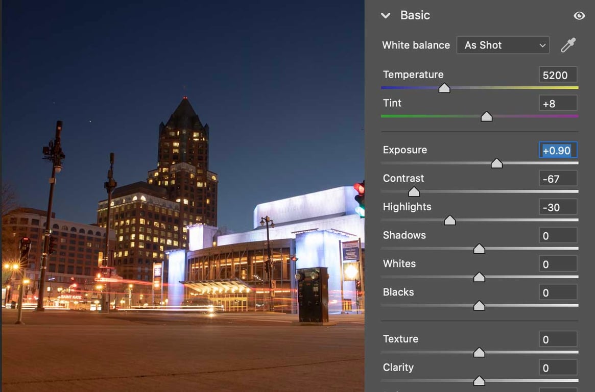 Night photography RAW image editing using Canon RP camera