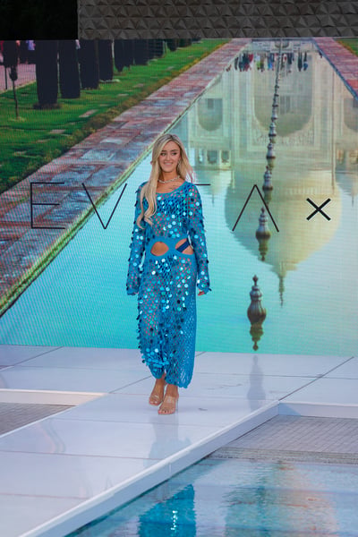 Swim Model Runway Sheer Blue Printed Duster Dress