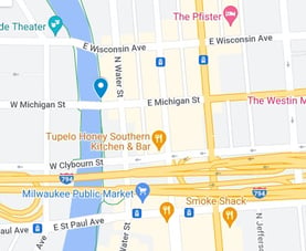 Map showing streets and landmarks in Milwaukee, Wisconsin.