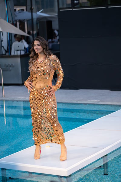 Swimwear Editorial Gold Sheer Knit Cover-Up Dress