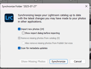 Lightroom Classic synchronize folder dialog with import new photos option selected