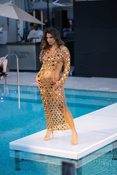 Swim Model Aesthetic Sheer Gold Knit Maxi Dress