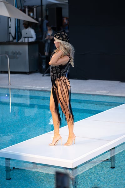 Swim Model Poses in Sheer Black Fringe Duster