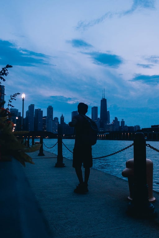 Person Standing at Navy Pier Chicago Skyline Wall Art Print