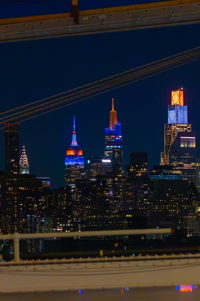 NYC Skyline Through Bridge Cables - Moody Geometric Urban Night
