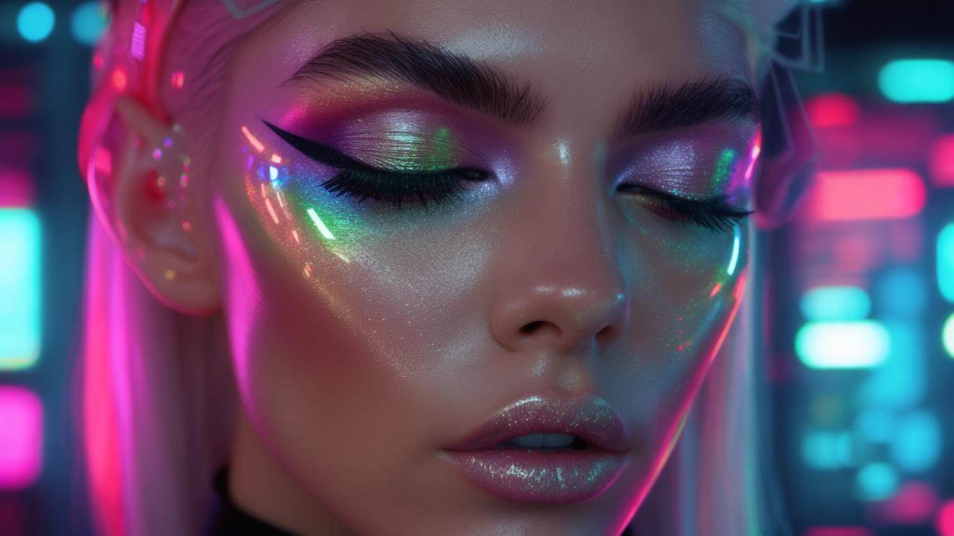 Makeup holografik dengan efek futuristik.