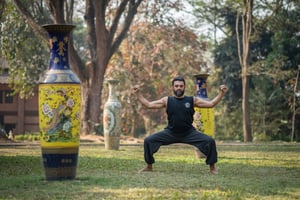man does qigong exercise bear shakes off paw on grass beside giant oriental vases