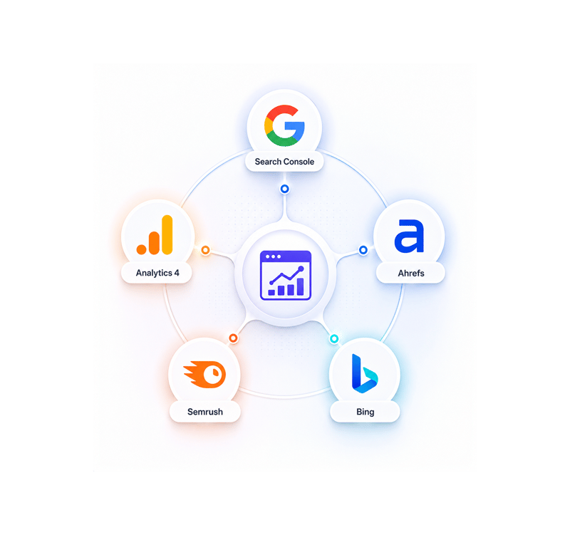 GSC, GA4, Ahrefs, Semrush, Bing