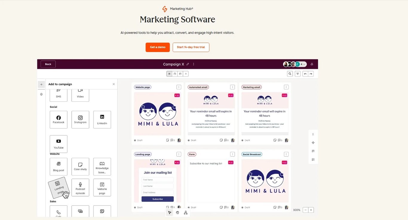 HubSpot marketing software with campaigns and analytics interface