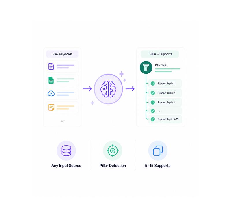 Groups raw keywords into pillar plus supports