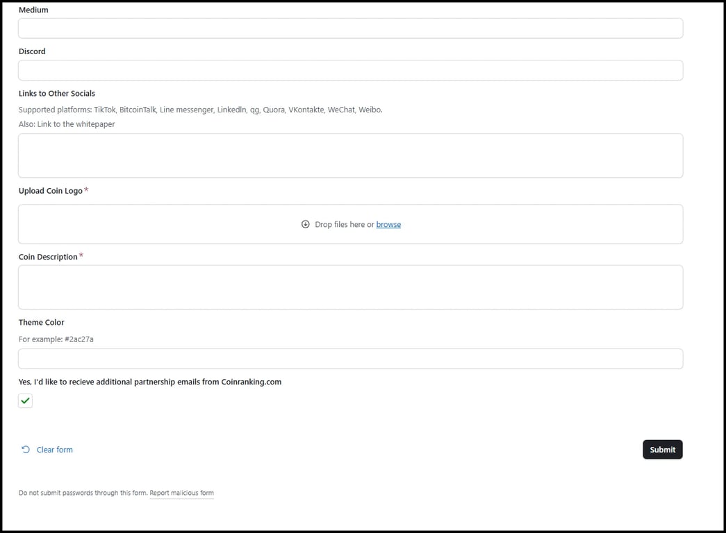 Access the Coinranking Listing Form&nbsp;