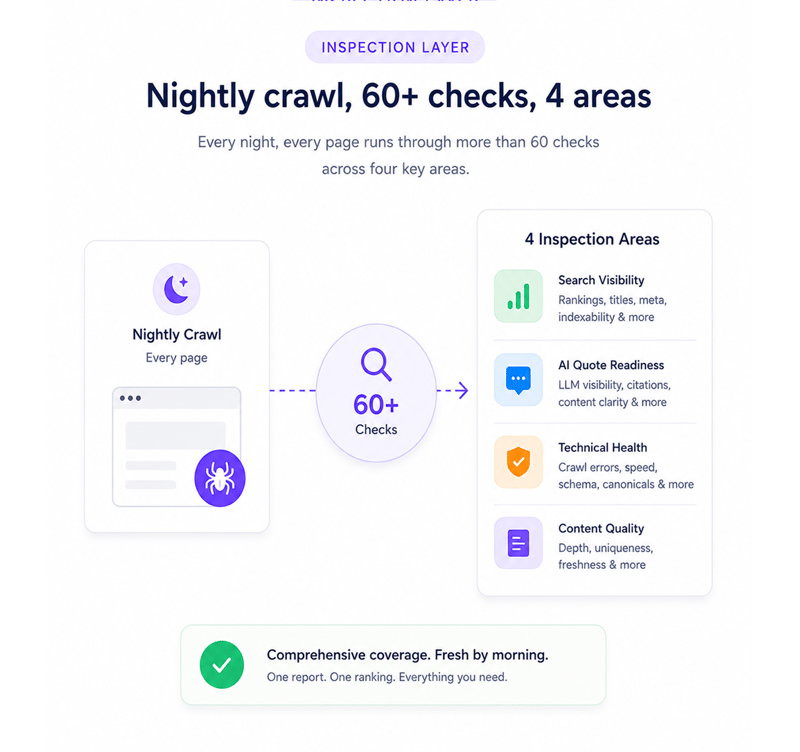 Nightly crawl, 60+ checks, 4 areas