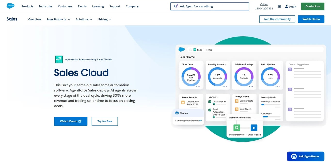 Salesforce Sales Cloud CRM dashboard with pipeline and deals