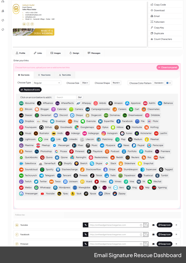 Email Signature Rescue Dashboard Social Media Icons