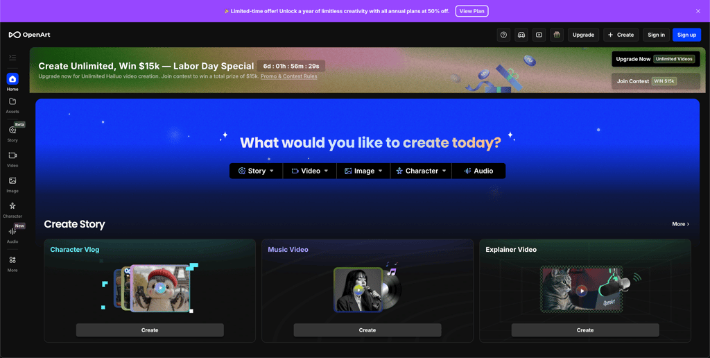 OpenArt showing AI art creation platform with gallery of generated content