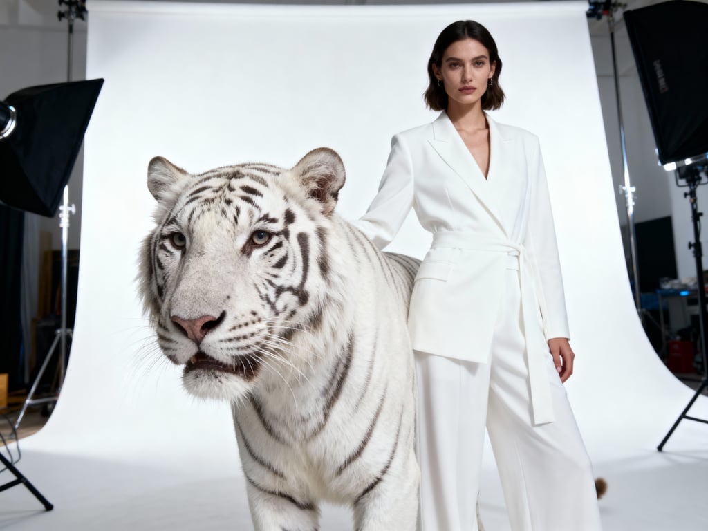 Seedream AI output – fashion model in white outfit with a white tiger in a photo studio.
