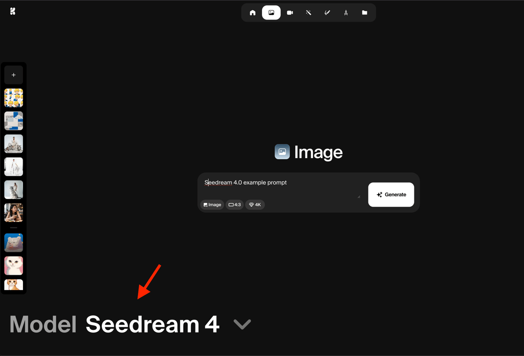 Krea image generation interface with Seedream 4 model selected.