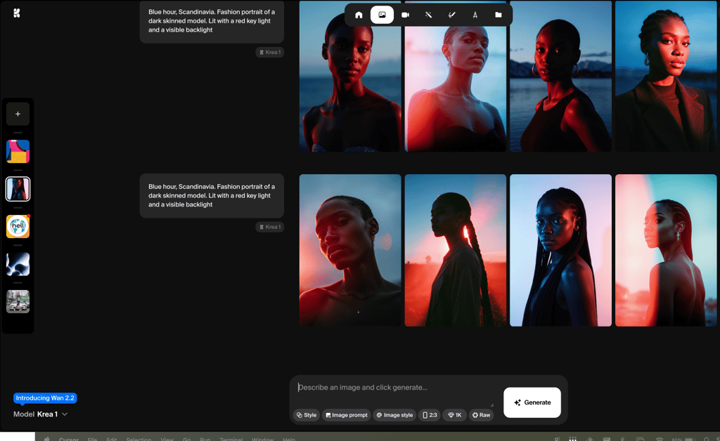 Side-by-side comparison showing Krea's photorealistic and artistic outputs
