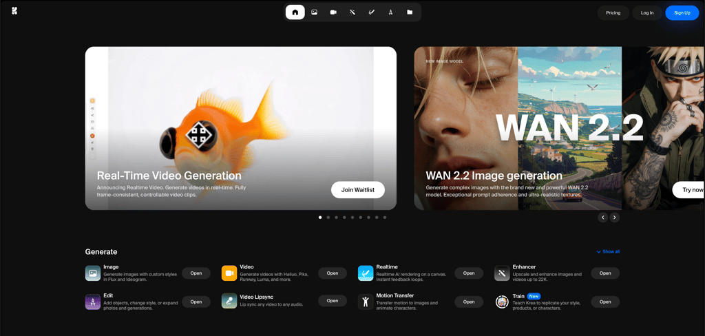 Krea AI homepage showing real-time video generation and AI tools