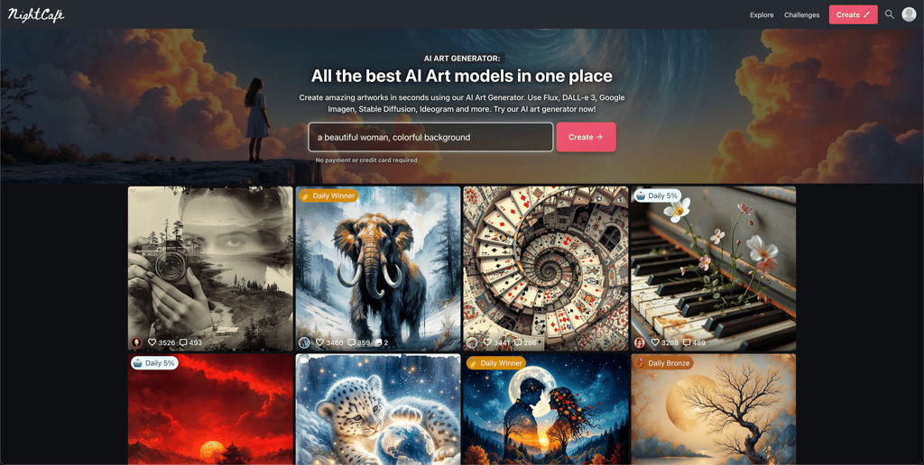 NightCafe homepage showing AI art creation interface and community gallery