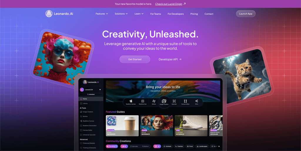 Leonardo AI homepage featuring creativity unleashed with generative AI tools
