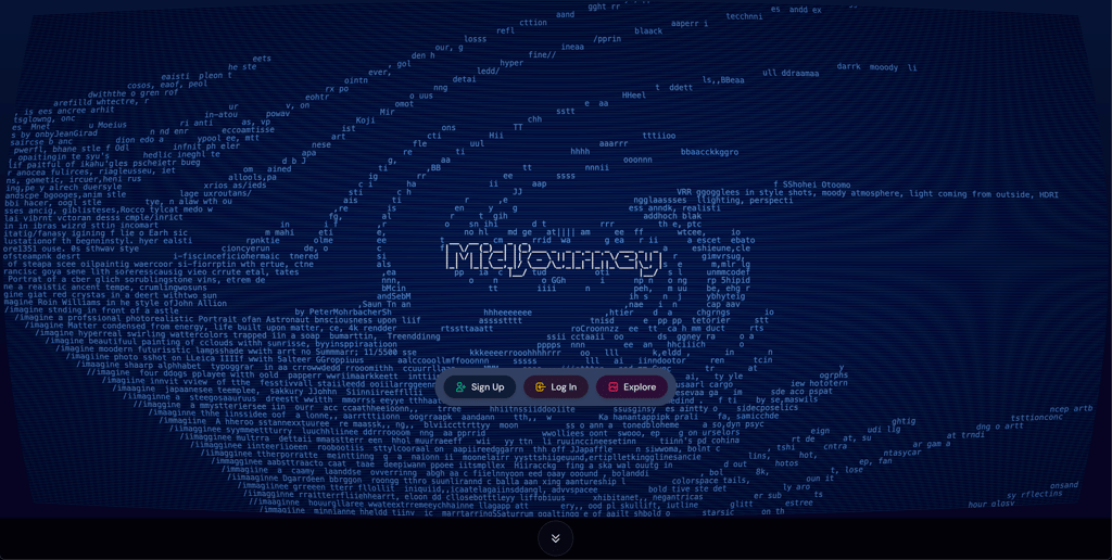 Midjourney homepage displaying AI-generated artwork and creative tools