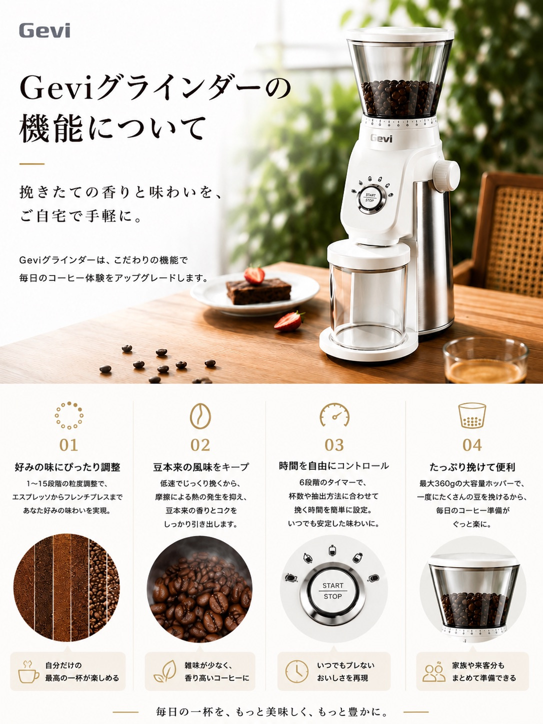 Geviグラインダーの機能について 1〜15段階の粒度調整 / 450RPM 低速設計 / 6段タイマー / 360g 大容量ホッパー