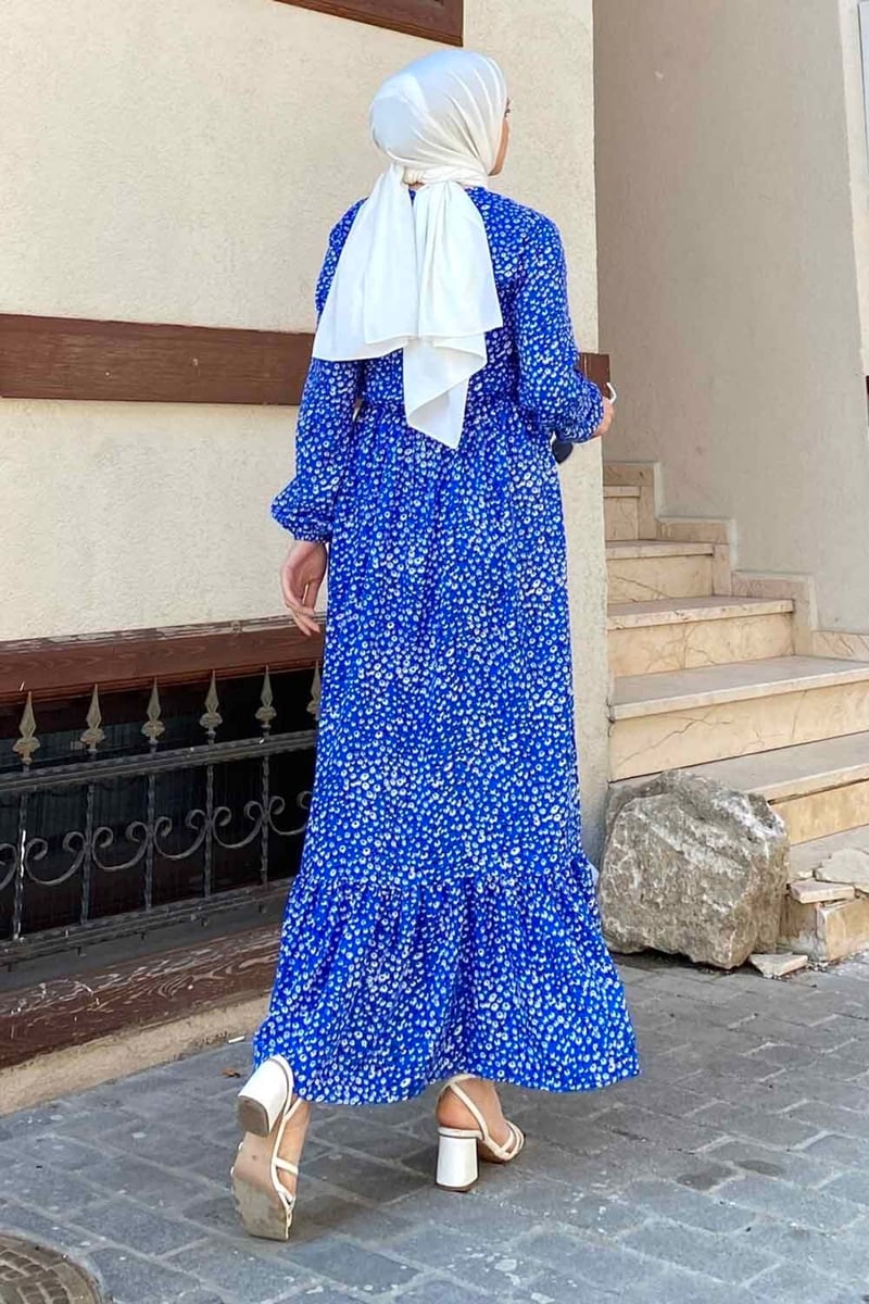 lamelif Kır Çiçekli Elbise - Mavi 60360 - Modalog'da!