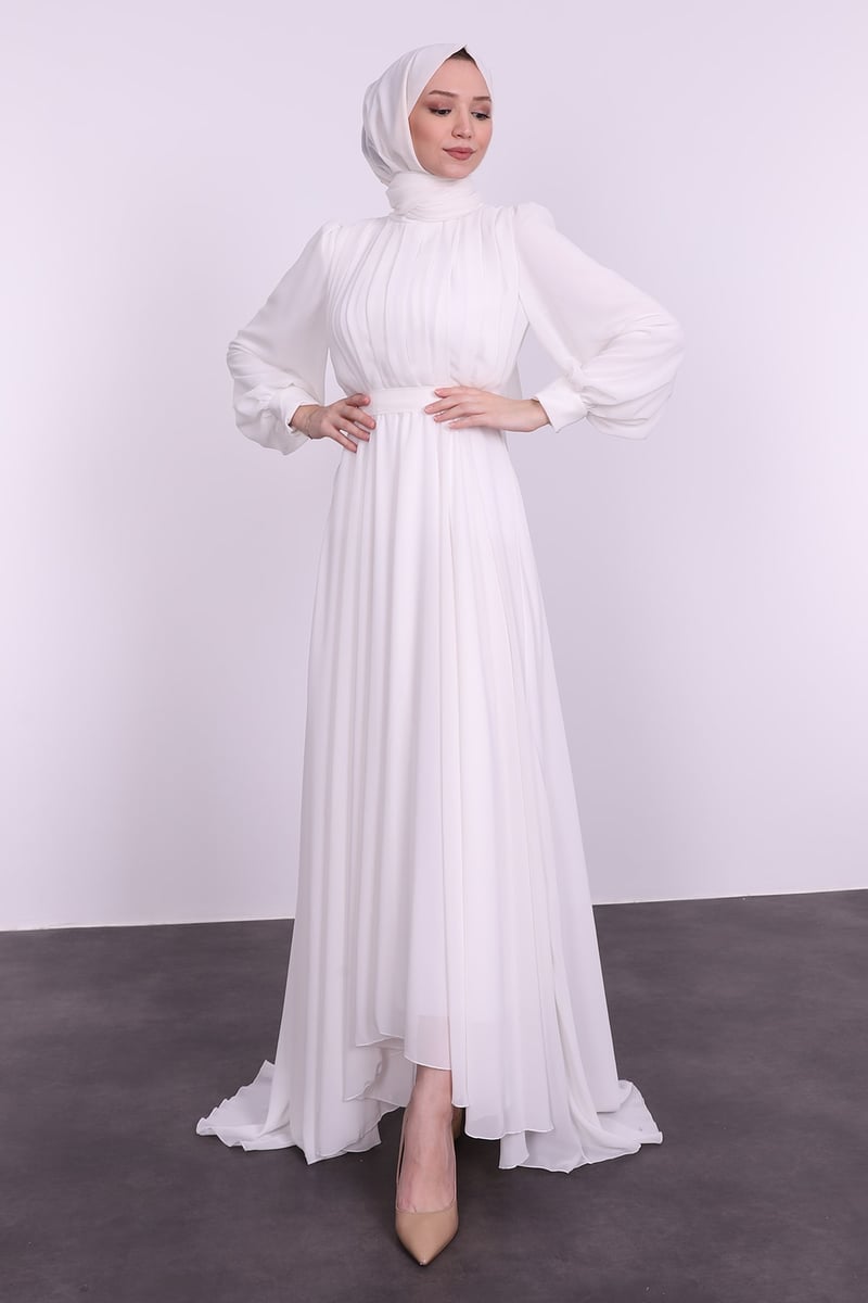 Lamia Giyim Beli Kuşaklı Pileli Tesettür Elbise Beyaz 63996 - Modalog'da!