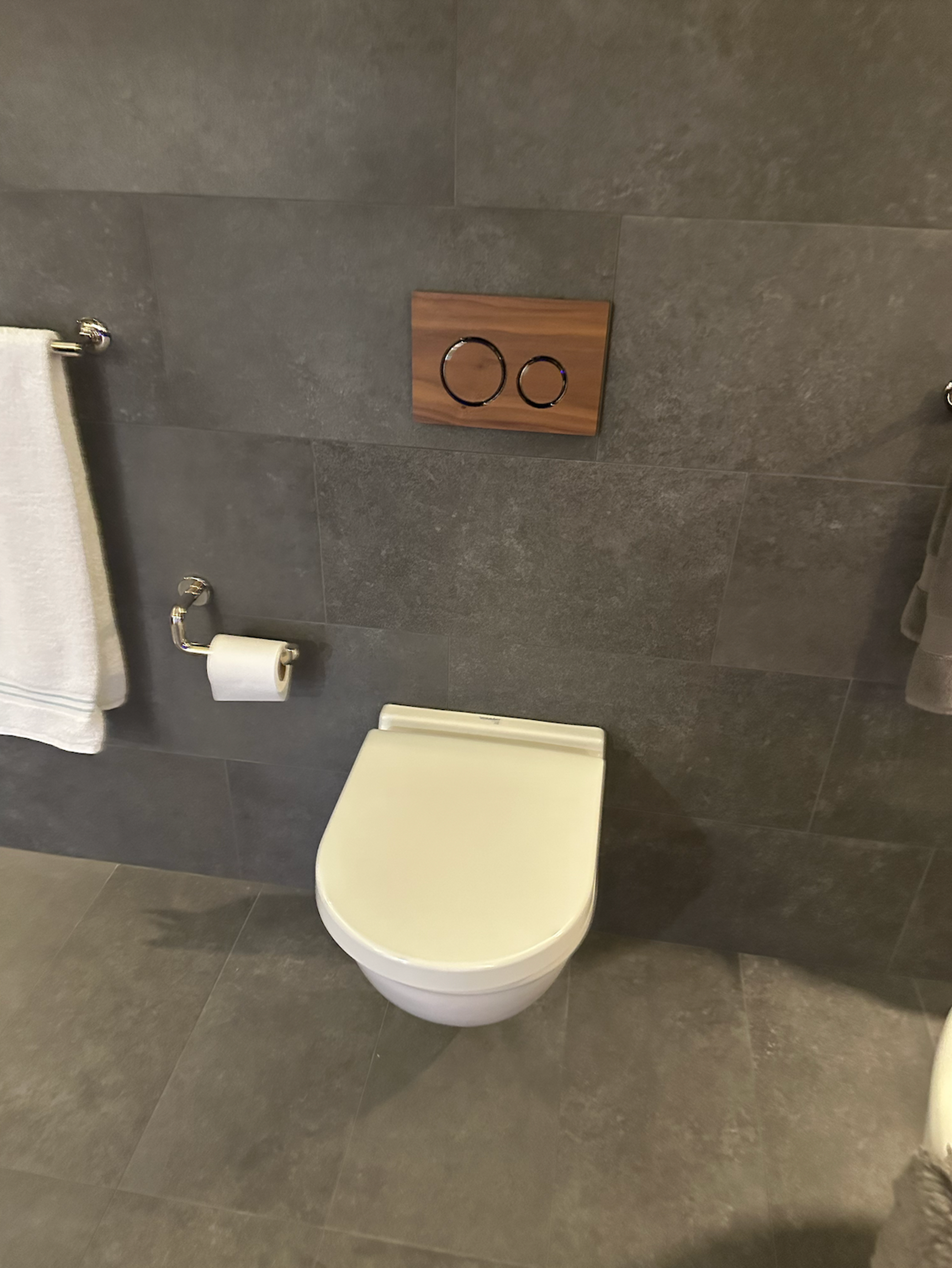 Danbury basement — wall-hung toilet in dark grey tile bathroom