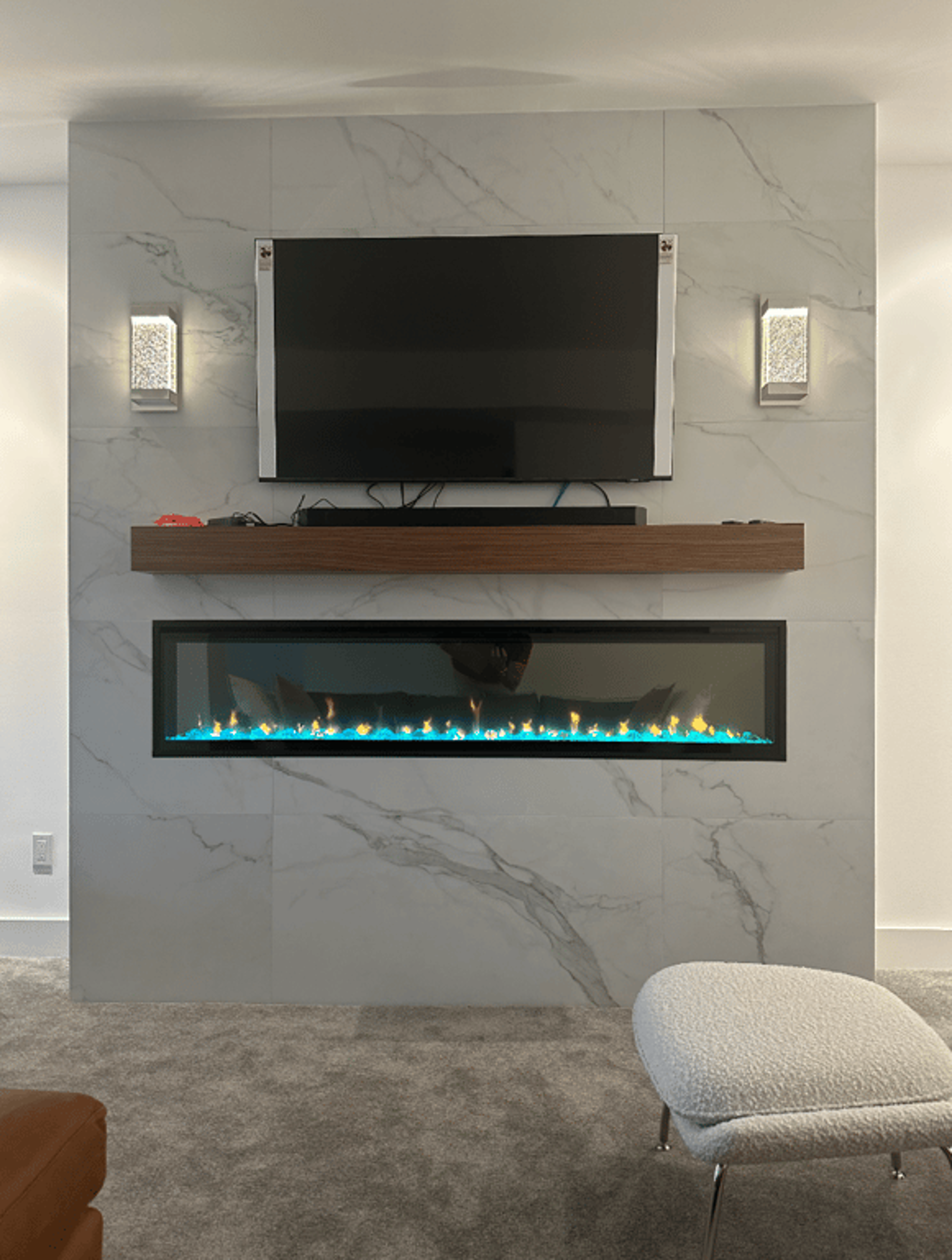 Danbury basement — fireplace and entertainment wall close-up