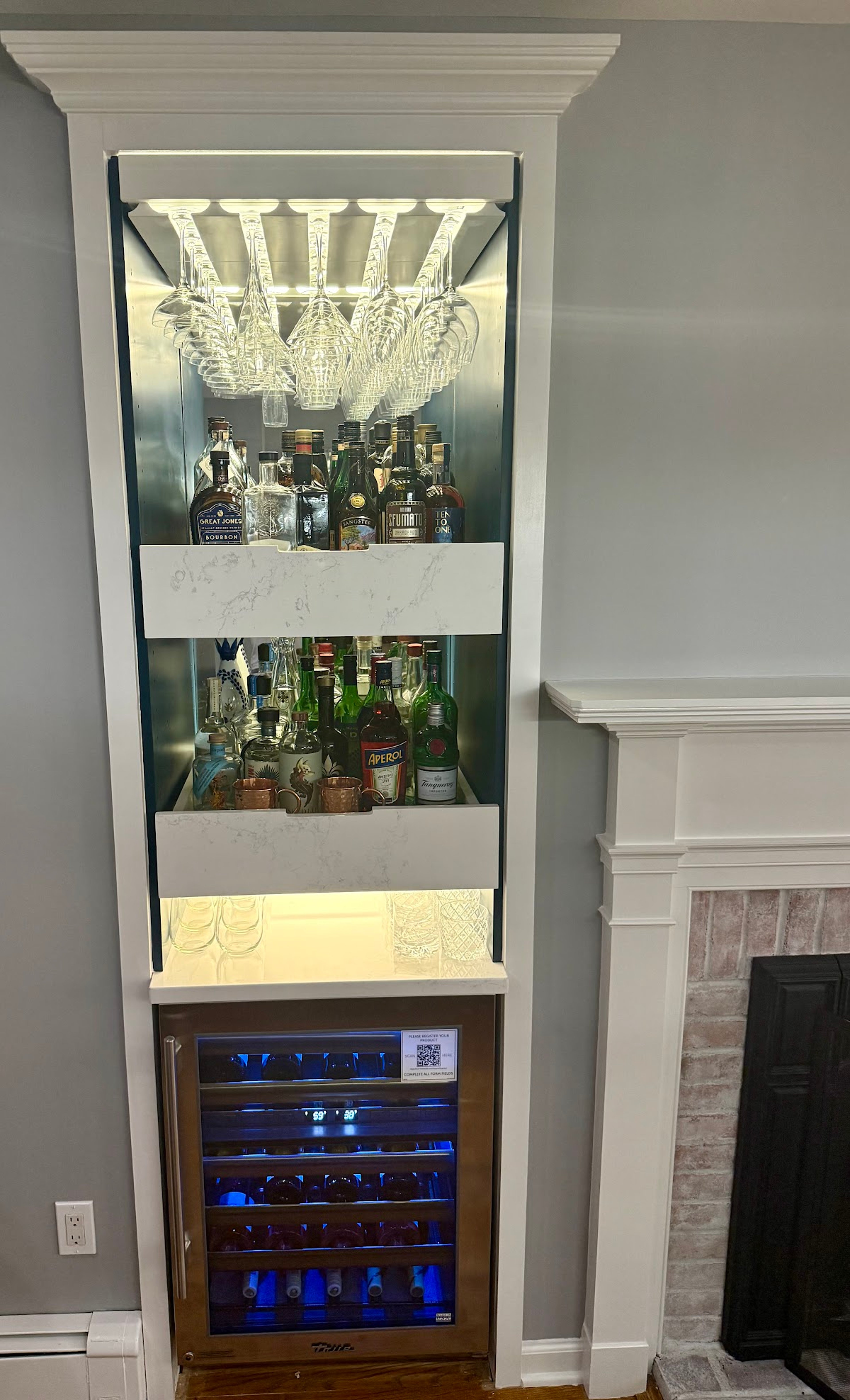Yorktown kitchen — custom built-in bar with wine fridge