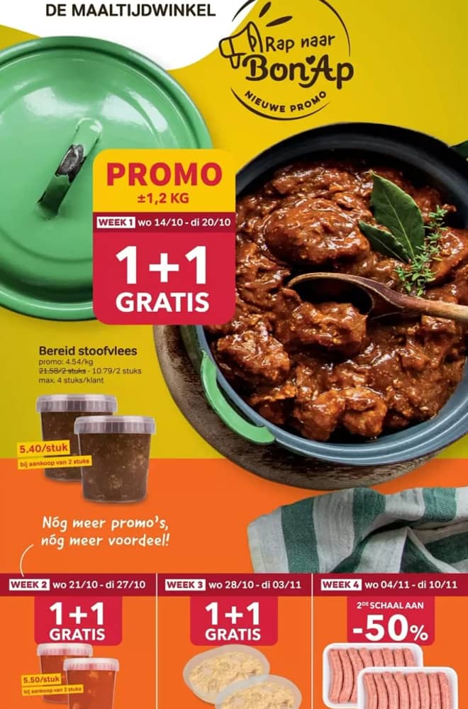 Voorpagina van de folder van Bon'App, geldig 14 oktober 2026 – 10 november 2026