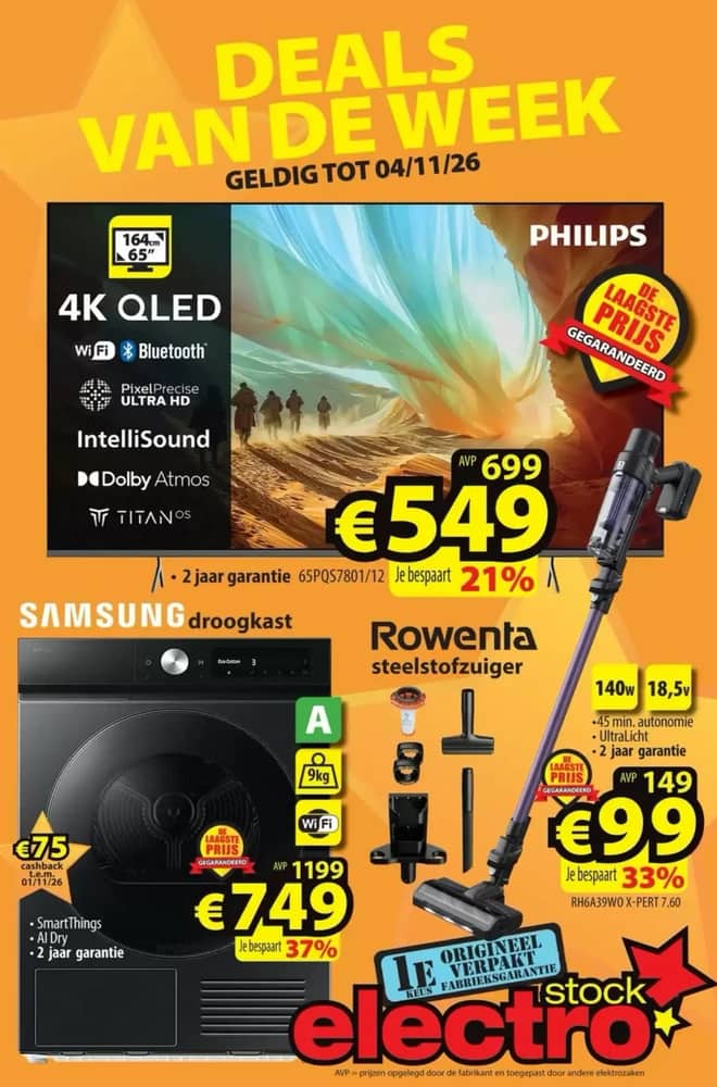 Voorpagina van de folder van ElectroStock, geldig 28 oktober 2026 – 4 november 2026