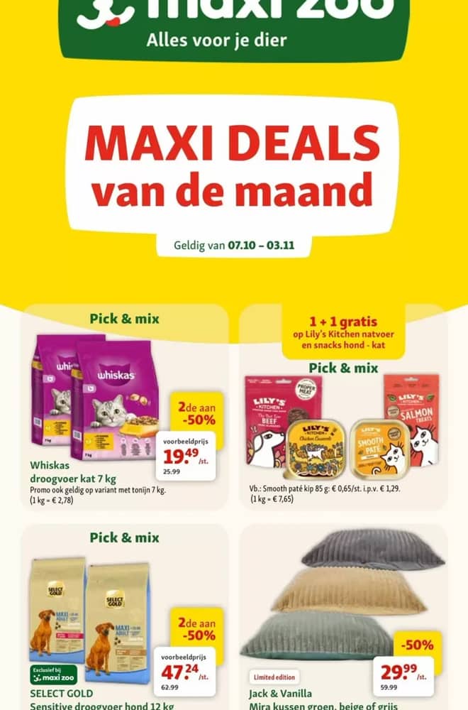 Voorpagina van de folder van Maxi Zoo, geldig 7 oktober 2026 – 3 november 2026
