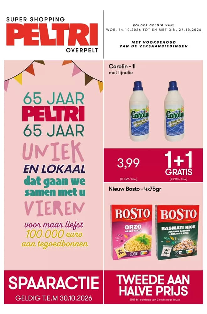 Voorpagina van de folder van Peltri, geldig 14–29 oktober 2026