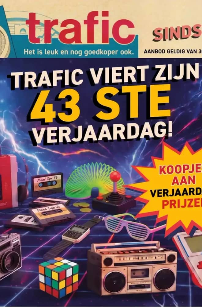 Voorpagina van de folder van Trafic, geldig 30 september 2026 – 4 oktober 2026