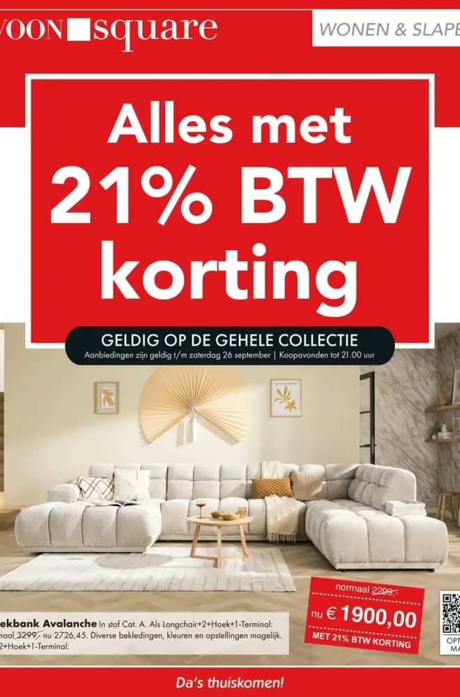 Voorpagina van de folder van Woonsquare, geldig 21–26 september 2026