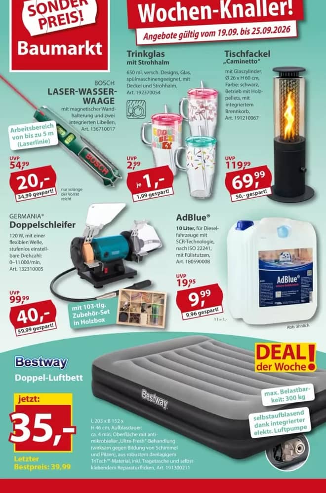 Titelseite des Prospekts von Sonderpreis Baumarkt, gültig 19–25 September 2026