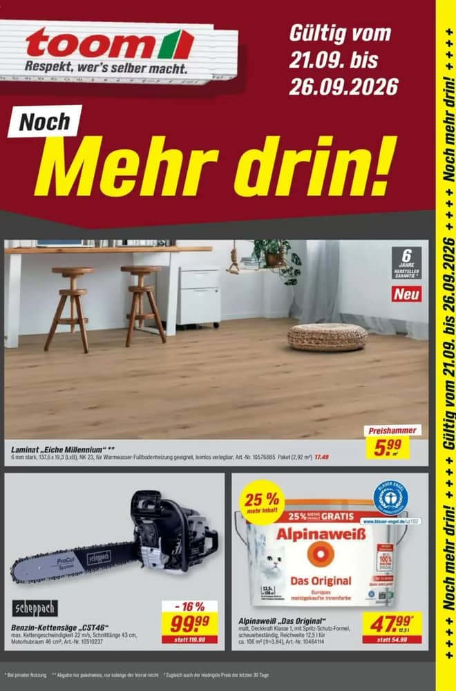 Titelseite des Prospekts von Toom Baumarkt, gültig 21–26 September 2026