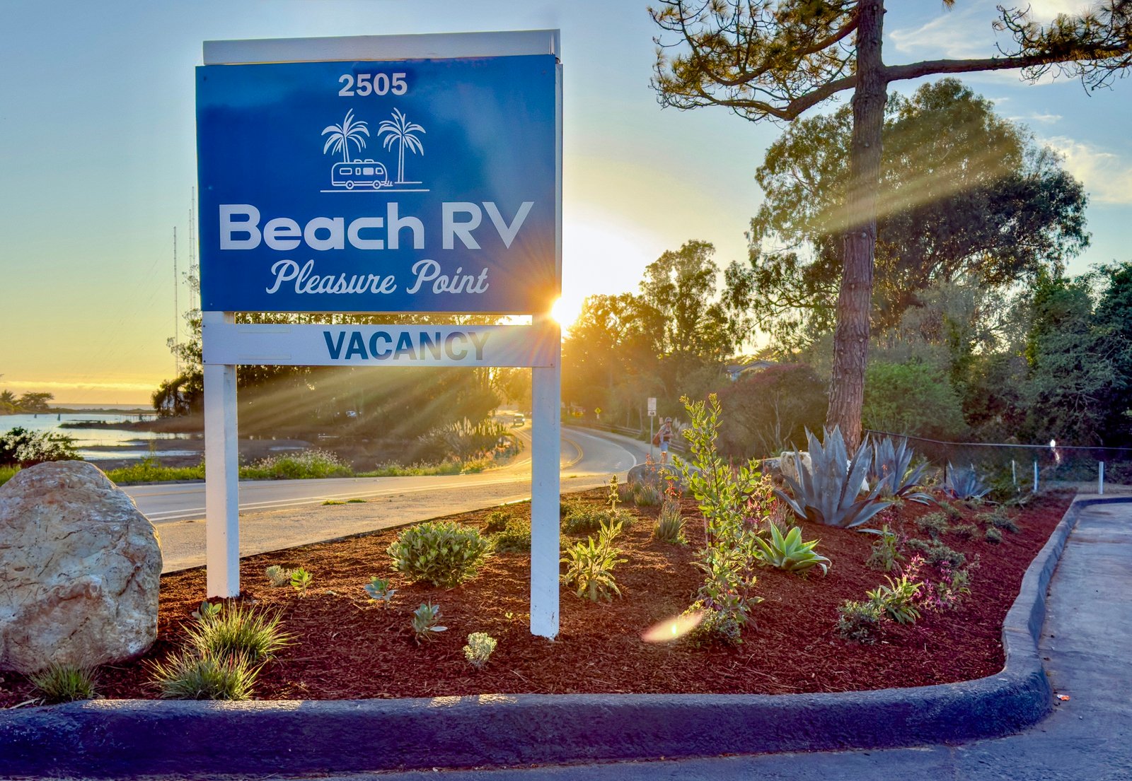 New landscaping at Beach RV Pleasure Point at sunset