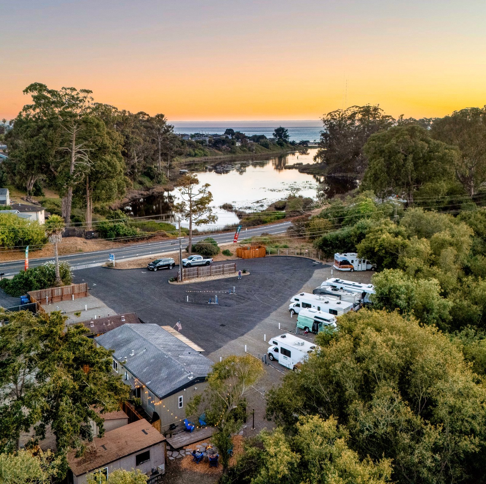 Aerial view of Beach&nbsp;RV Pleasure Point at sunset
