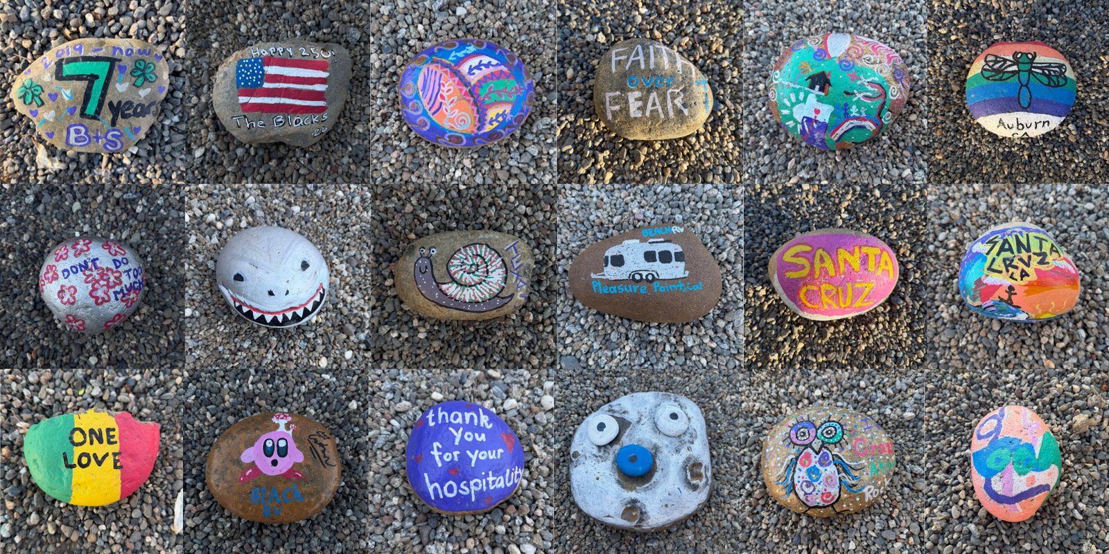 Rocks painted by kids staying at Beach RV Pleasure Point, left in the park gardens, including a Santa Cruz rock, an Airstream and a shark
