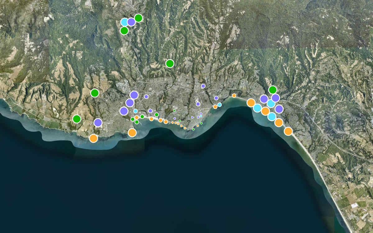 Satellite view centered on Beach&nbsp;RV Pleasure Point, showing the area within 20 minutes by car