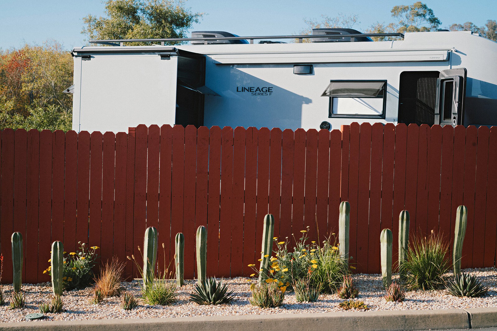 Cactus and succulent garden along the red fence at Beach RV Pleasure Point