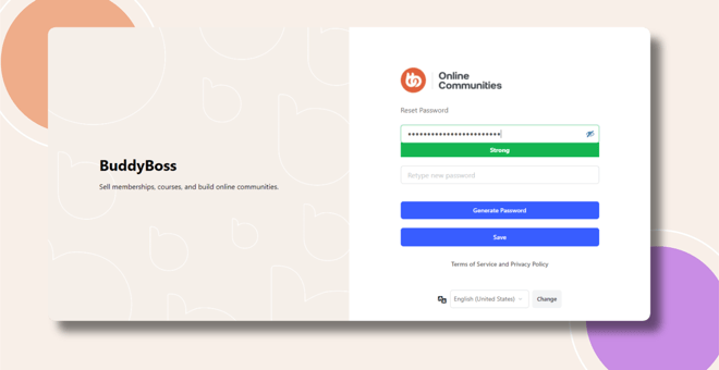 Screenshot of a BuddyBoss login page with the option to reset a password The left side promotes BuddyBoss features while the right side displays fields to enter and save a new password along with language settings at the bottom
