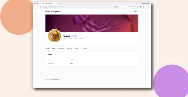 A computer screen displays a profile page for the user learanz on a website The background is beige with orange and purple circles The profile page shows a purple header image and a circular animal avatar