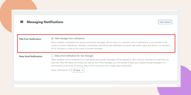 Screenshot of a messaging notifications settings page The Hide From Notifications option is highlighted with the checkbox selected and a description about hiding group and private messages from notifications